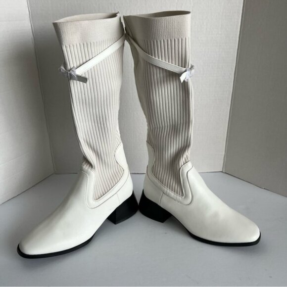 Women Knit Comfort Chunky Heeled High Boots - Off-White. Size: 7.5. (1808) - Picture 7 of 16